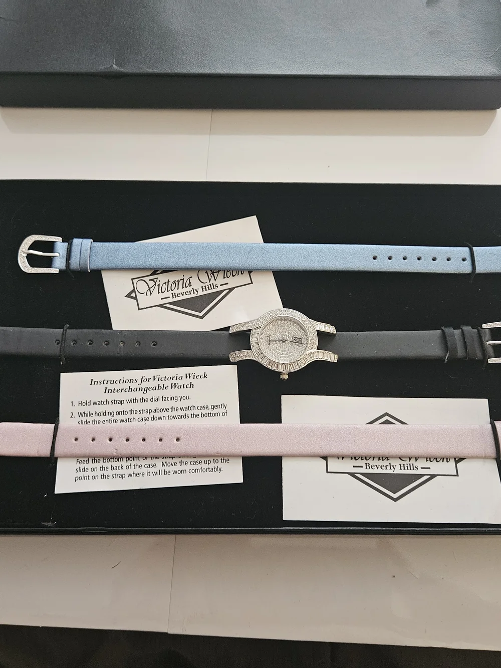 Victoria Wieck Crystal Watch with Blue, Black & Pink Straps